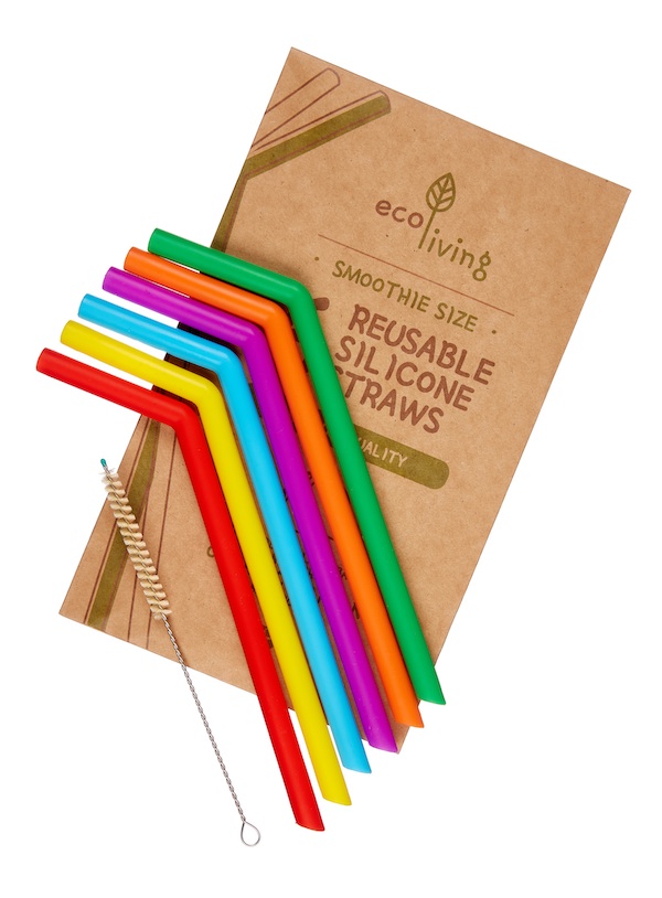 Set of 6 reusable silicon drinking straws - large, flexible, smoothie size