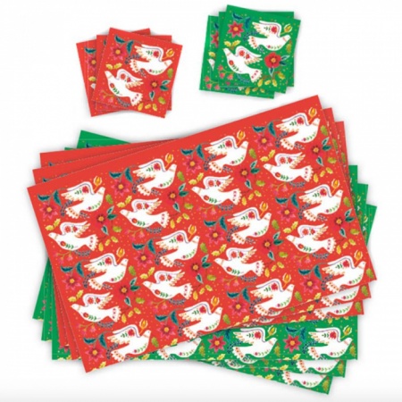 Folk Art Doves Gift Wrap - 6 Sheets & Tags